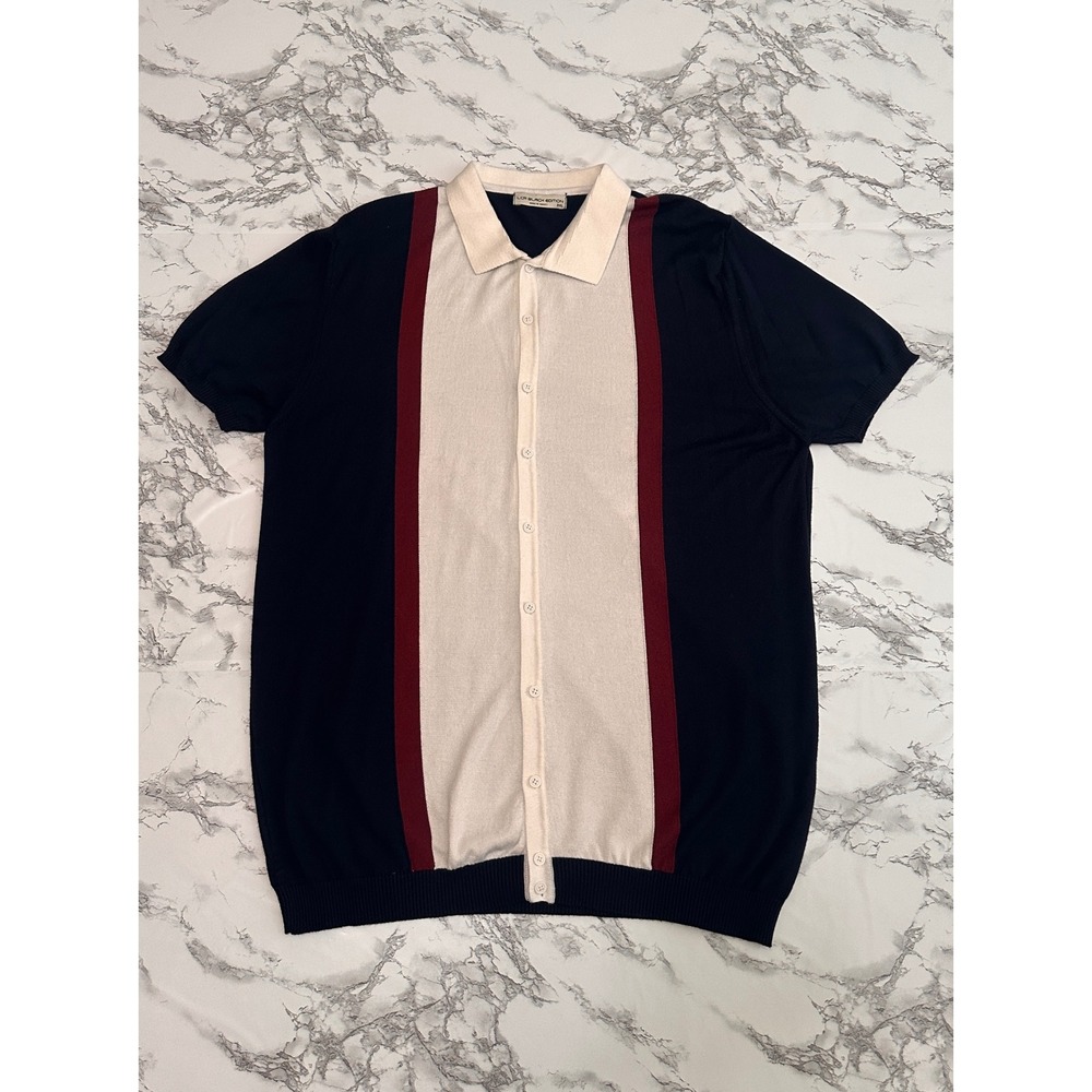 LCR Black Edition Mens 3XL (L)Knit Button Down Shirt Navy Cream Colorblock Retro